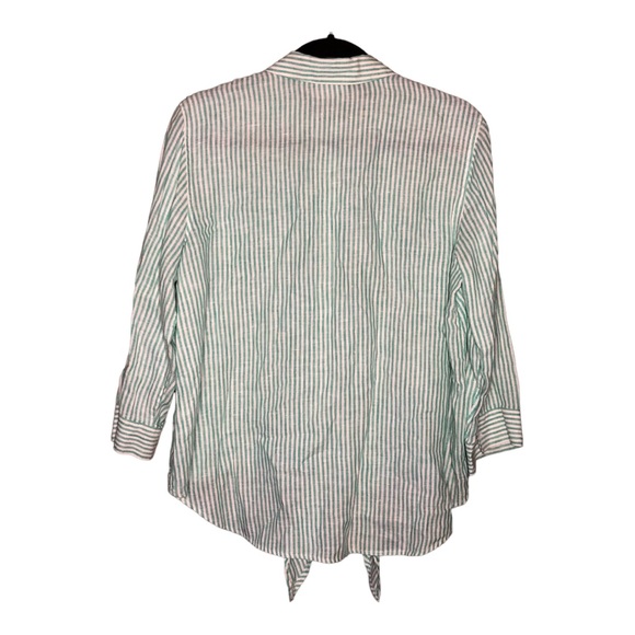 Chicos 100% Linen Green White Striped Collared Buttoned Tie Front Blouse Size M - Picture 2 of 6